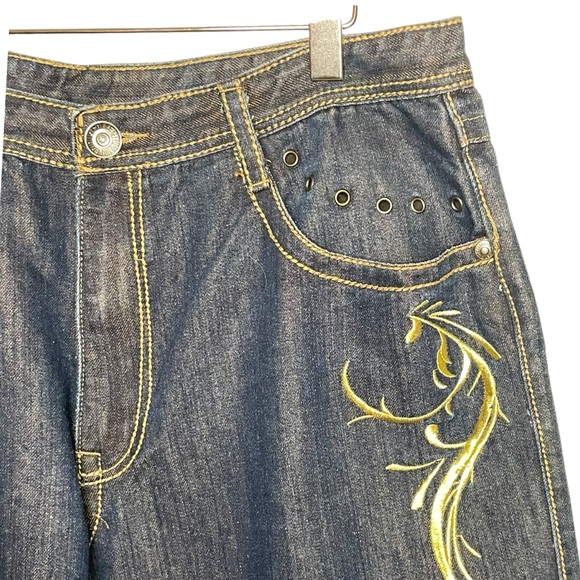 Vtg Y2K Delf Trading Imperious Mens Embroidered Blue Denim Skulls  W38 L32 - Picture 5 of 16